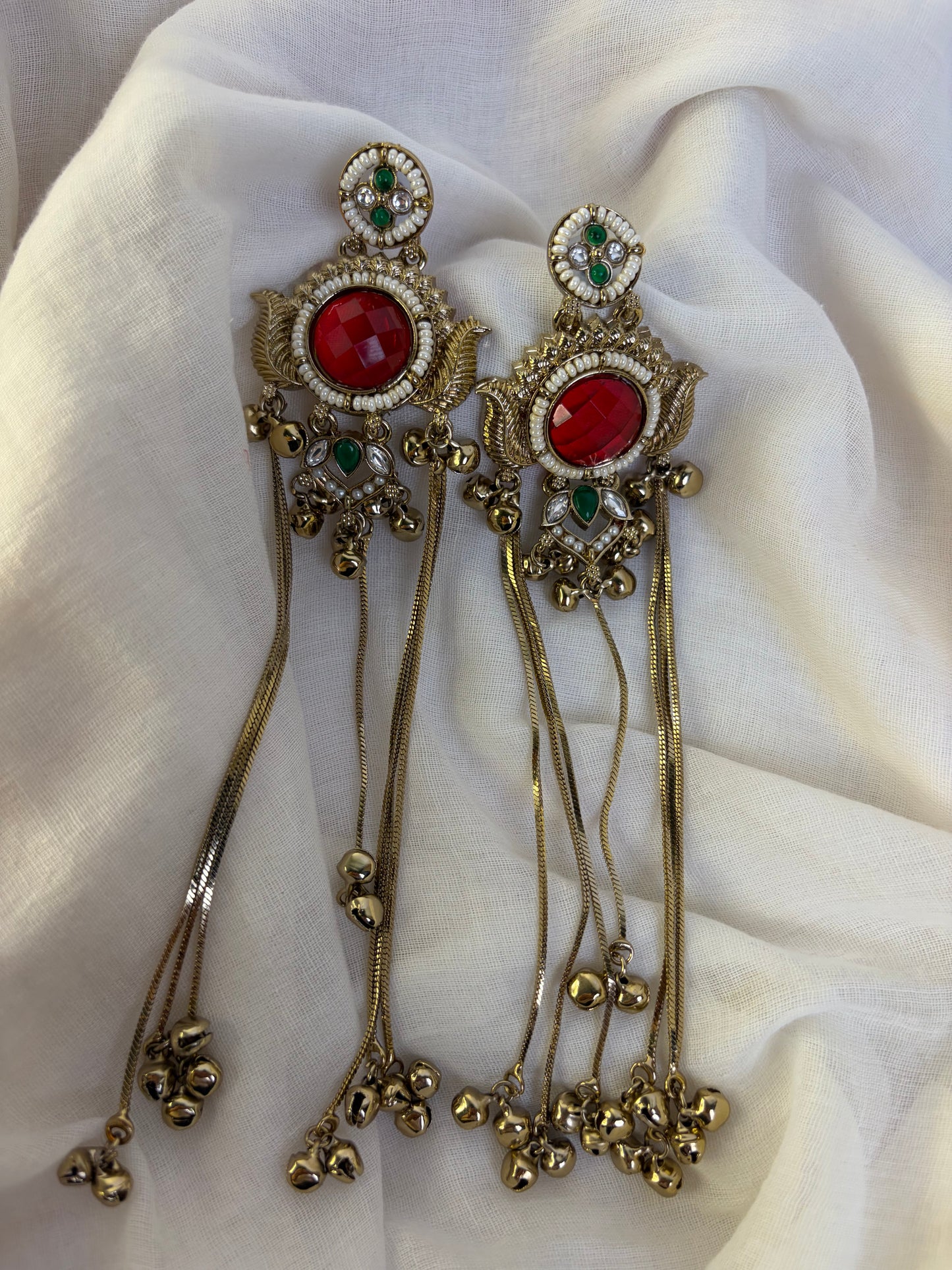 Red Green Kundan Long Earrings