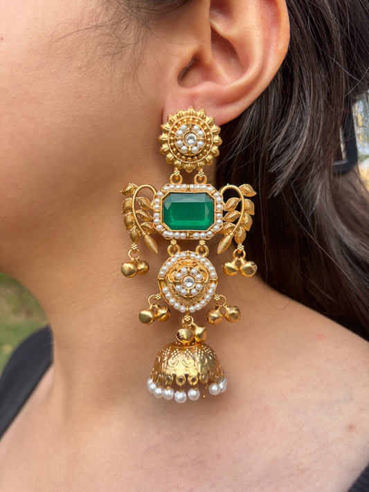 Kashmiri Green Pearl Work Jhumka