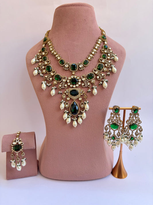 Green Moissanite Layered Pendant Necklace Set