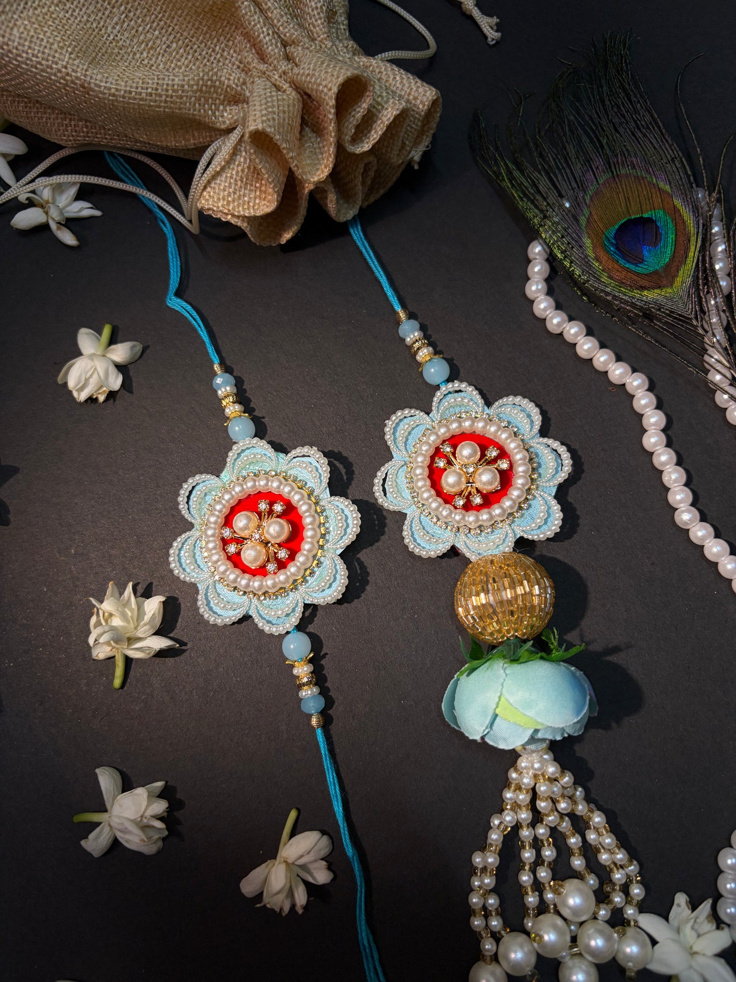 Blue Handcrafted Pearl Flower Pair Rakhi