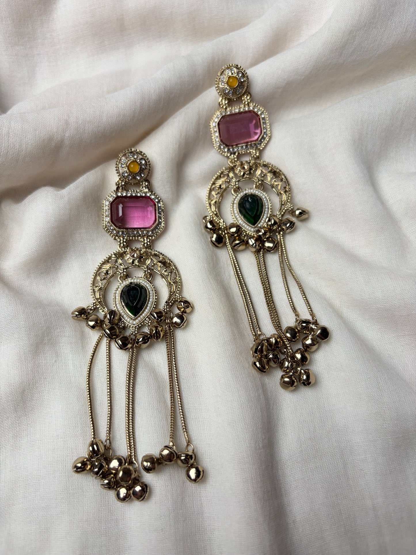 Pink Green Stone Long Kashmiri Earrings