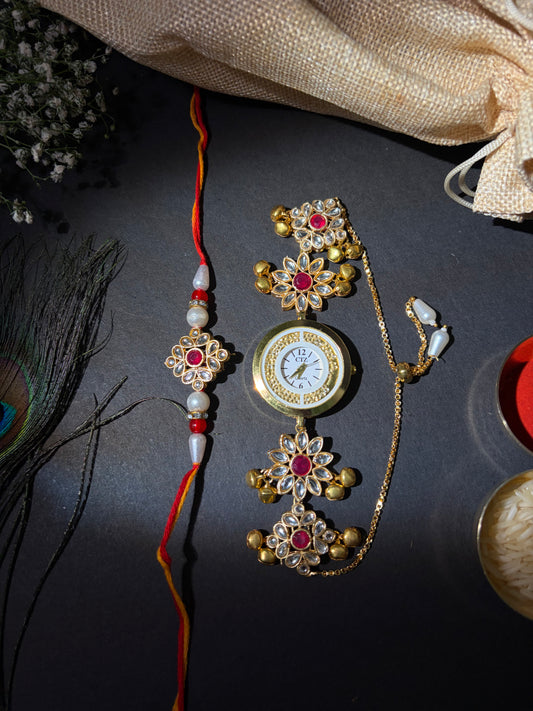 Floral Kundan Watch with Rakhi (Combo of 2)