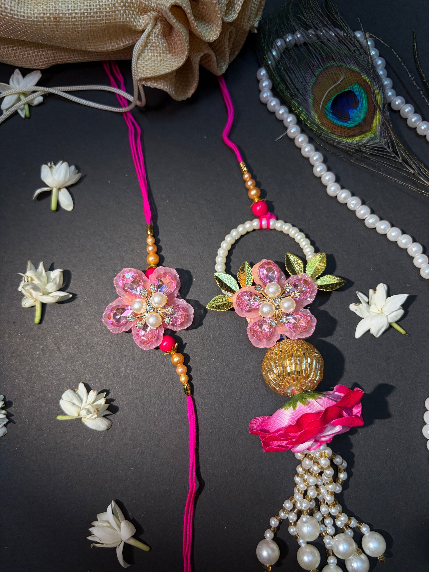 Pink Crystal Handcrafted Bhaiya Bhabhi Rakhi Set