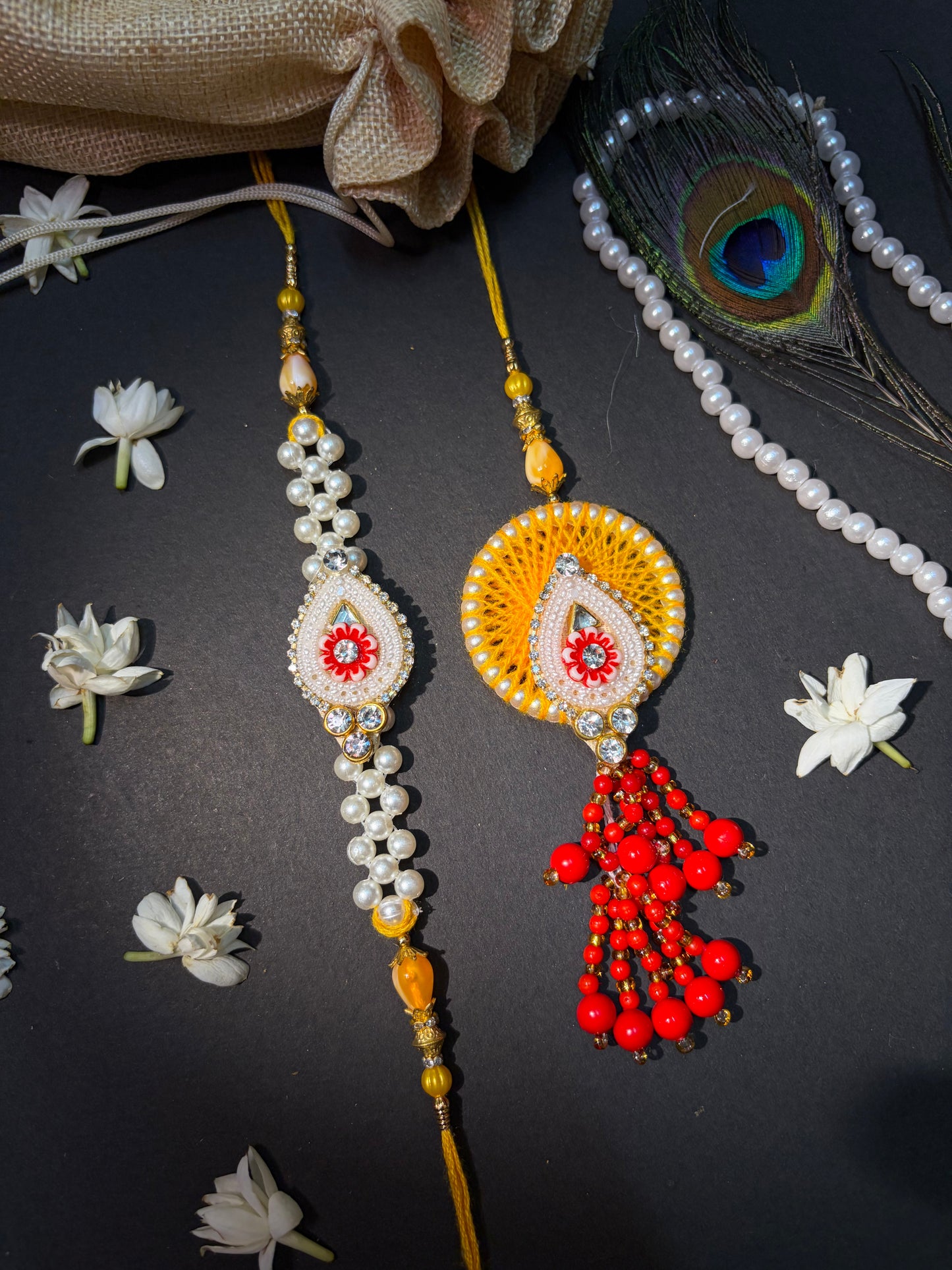Saffron Pearl Handmade Bhaiya Bhabhi Rakhi Set