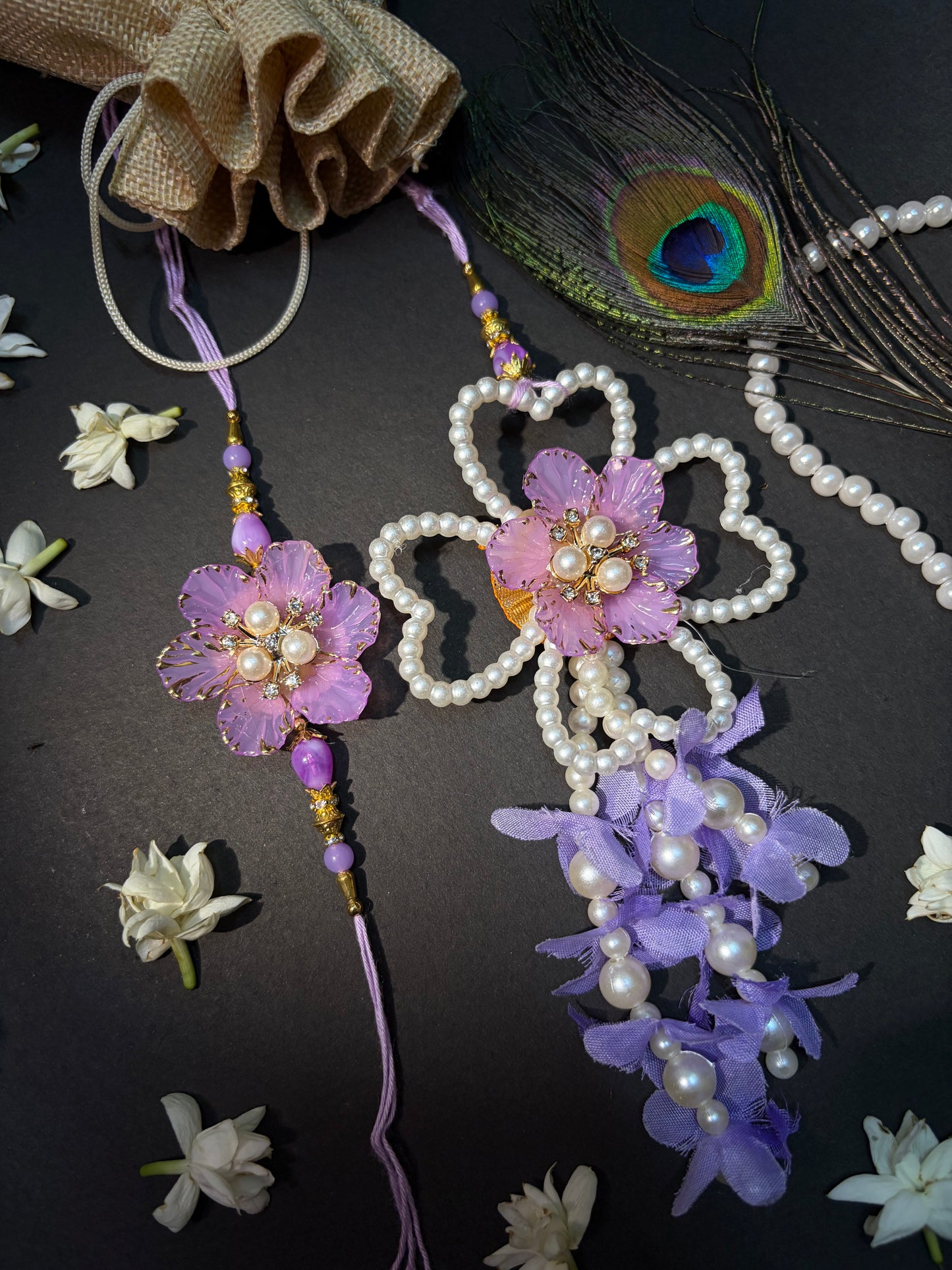 Lavender Pearl Floral Bhaiya Bhabhi Rakhi Set