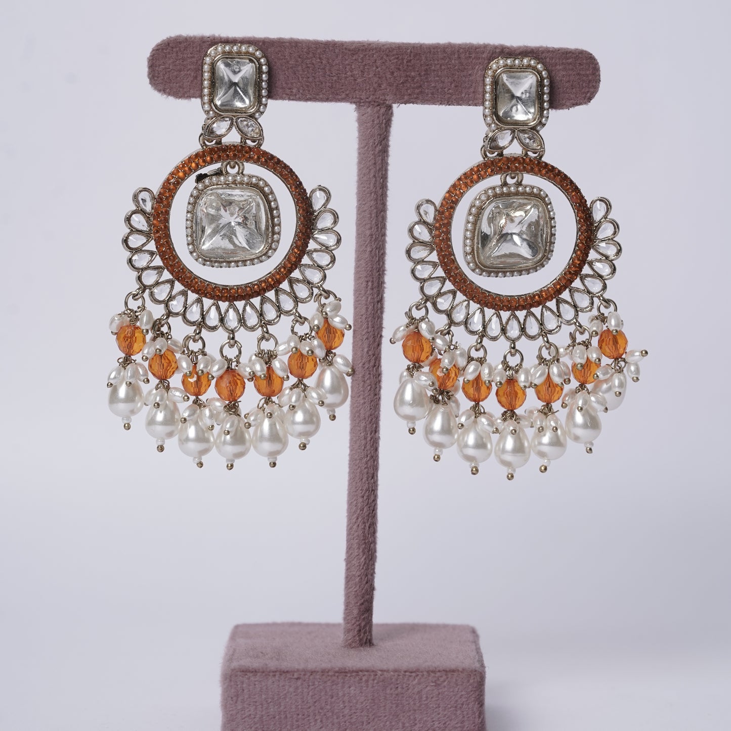 Orange Beads Kundan Jhumkas