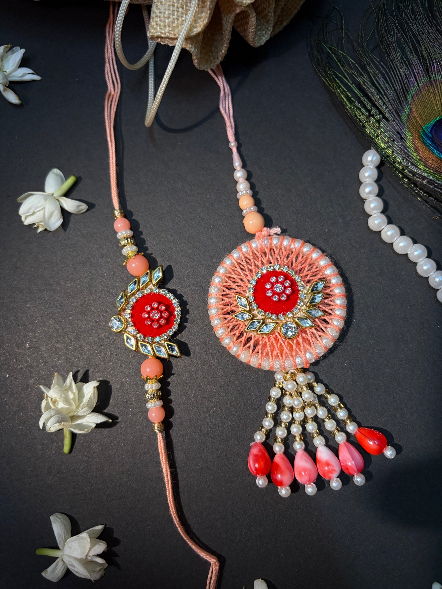 Peach Pearl Charm Bhaiya Bhabhi Rakhi Set