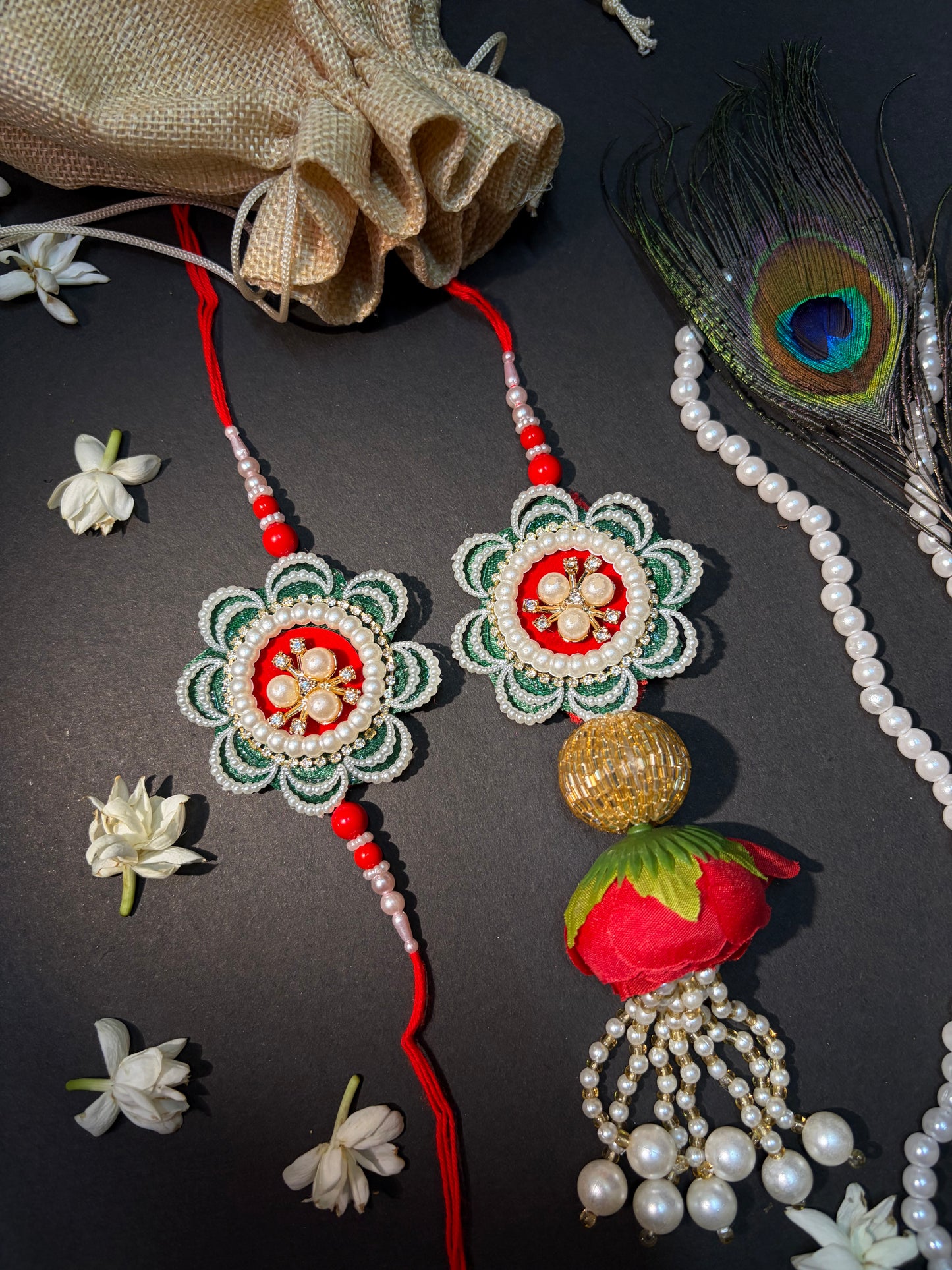 Green Handcrafted Pearl Flower Pair Rakhi