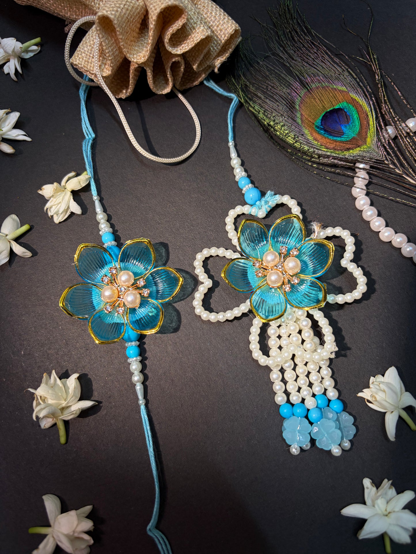Aqua Blossom Pearl Bhaiya Bhabhi Rakhi Set
