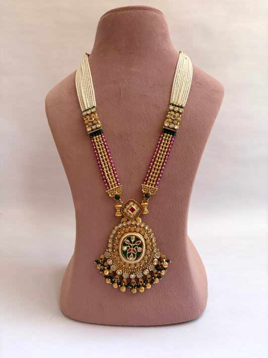 Matte Gold Long Necklace Pearl Work