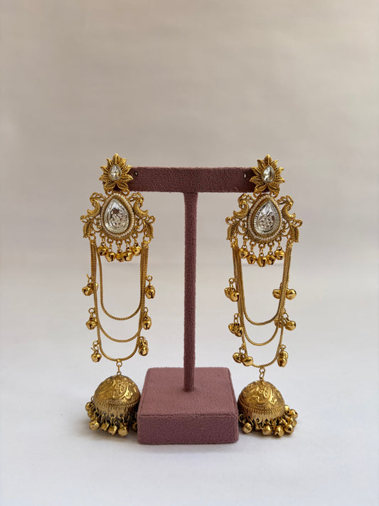 Long Kashmiri Layered Kundan Jhumka Earrings