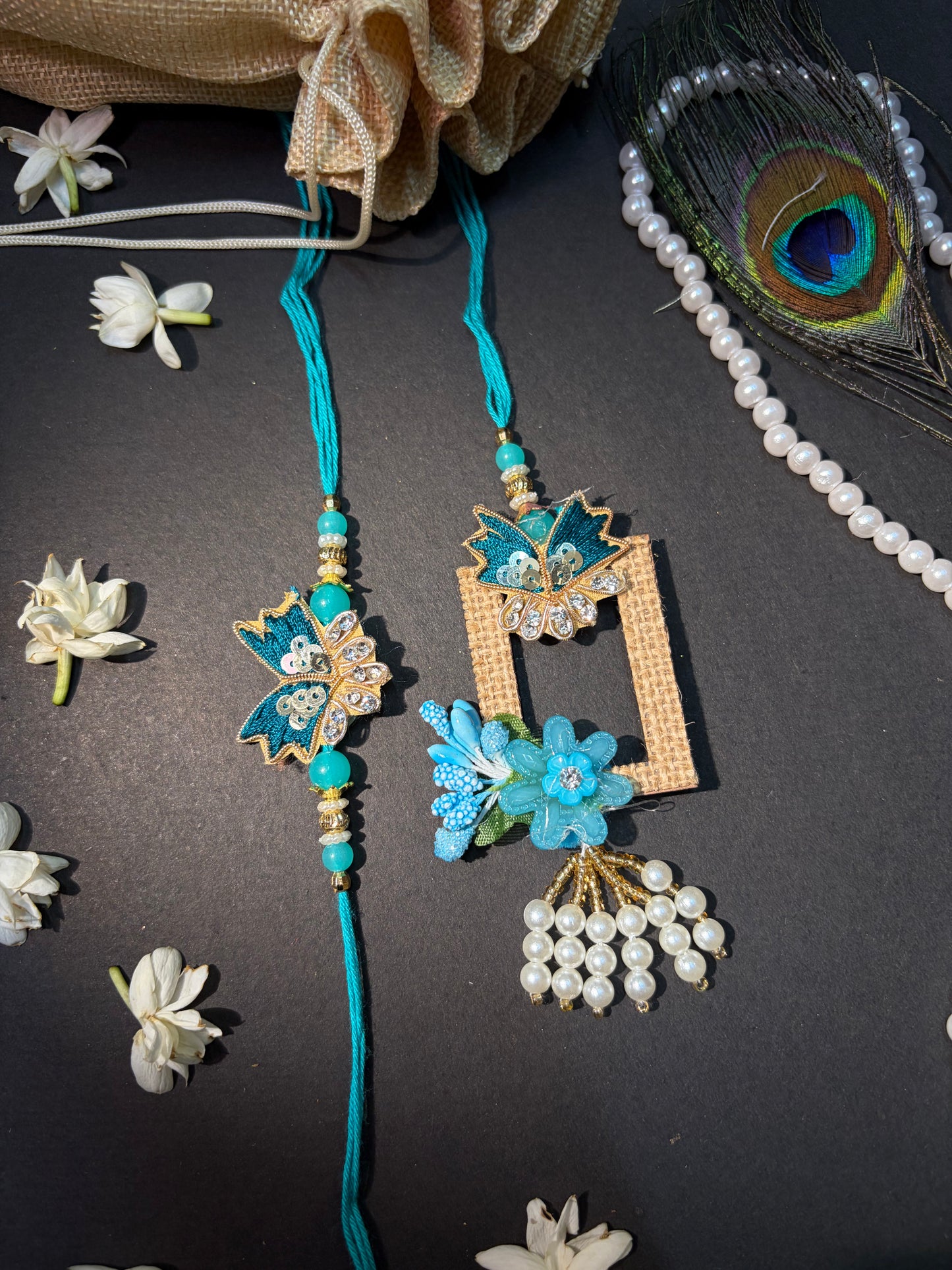 Aqua Blue Designer Bhaiya Bhabhi Rakhi Set