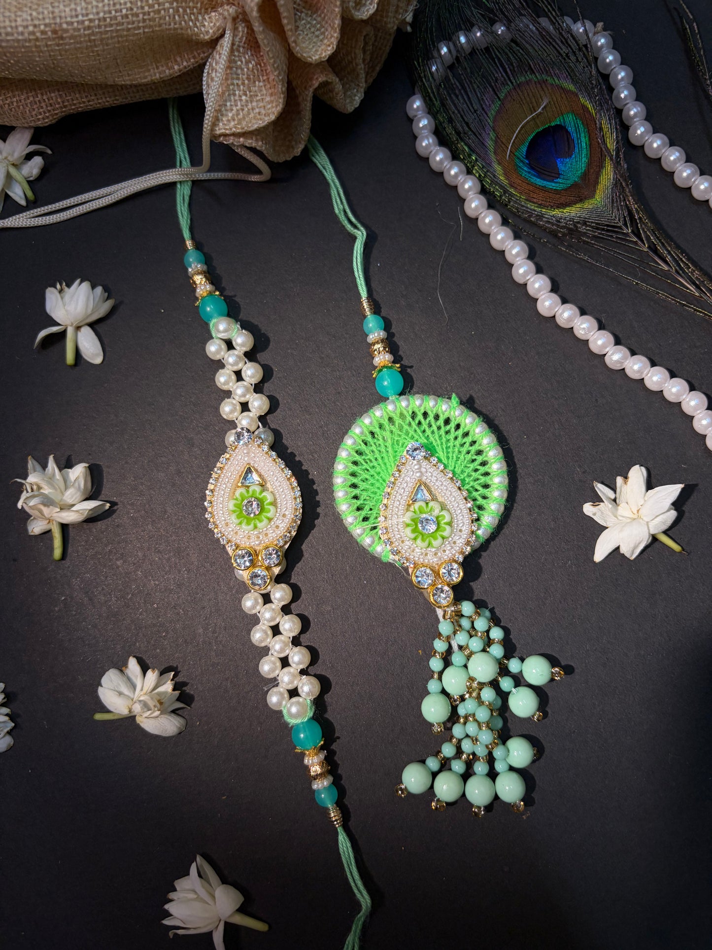 Mint Pearl Handmade Bhaiya Bhabhi Rakhi Set