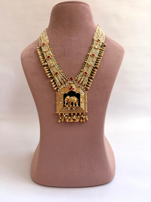 Statement Elephant Heritage Mid-Length Pearl Mala Necklace