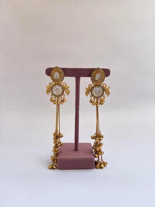 Long Kashmiri Kundan Engraved Earrings