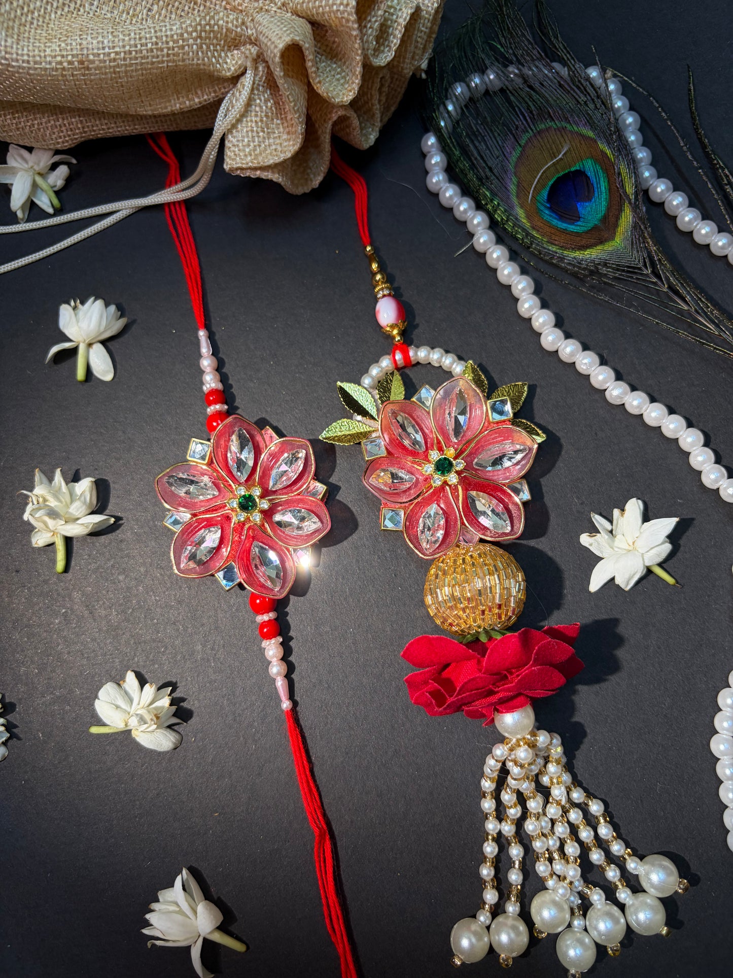 Red Mirror Crafted Fancy Bhaiya Bhabhi Rakhi Set