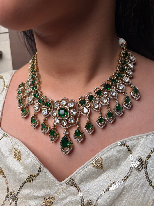 Green Moissanite Floral Semi Bridal Necklace
