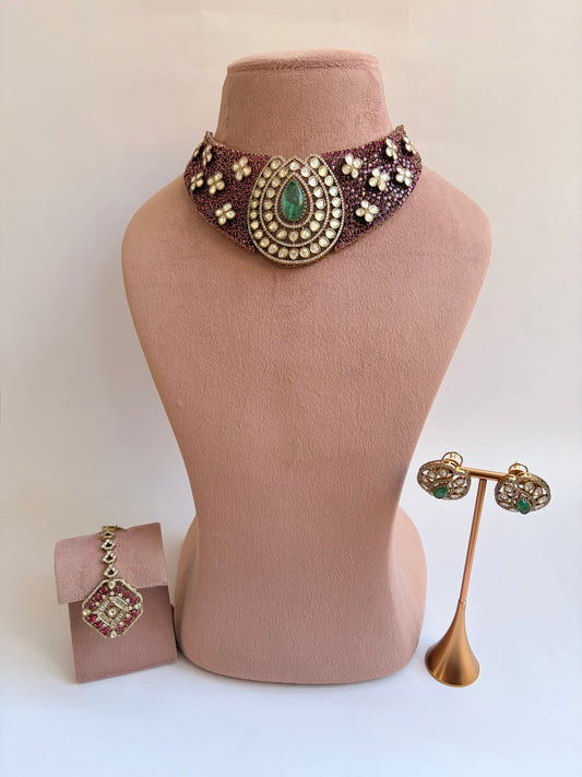 Maroon Moissanite Bridal Choker Necklace Set