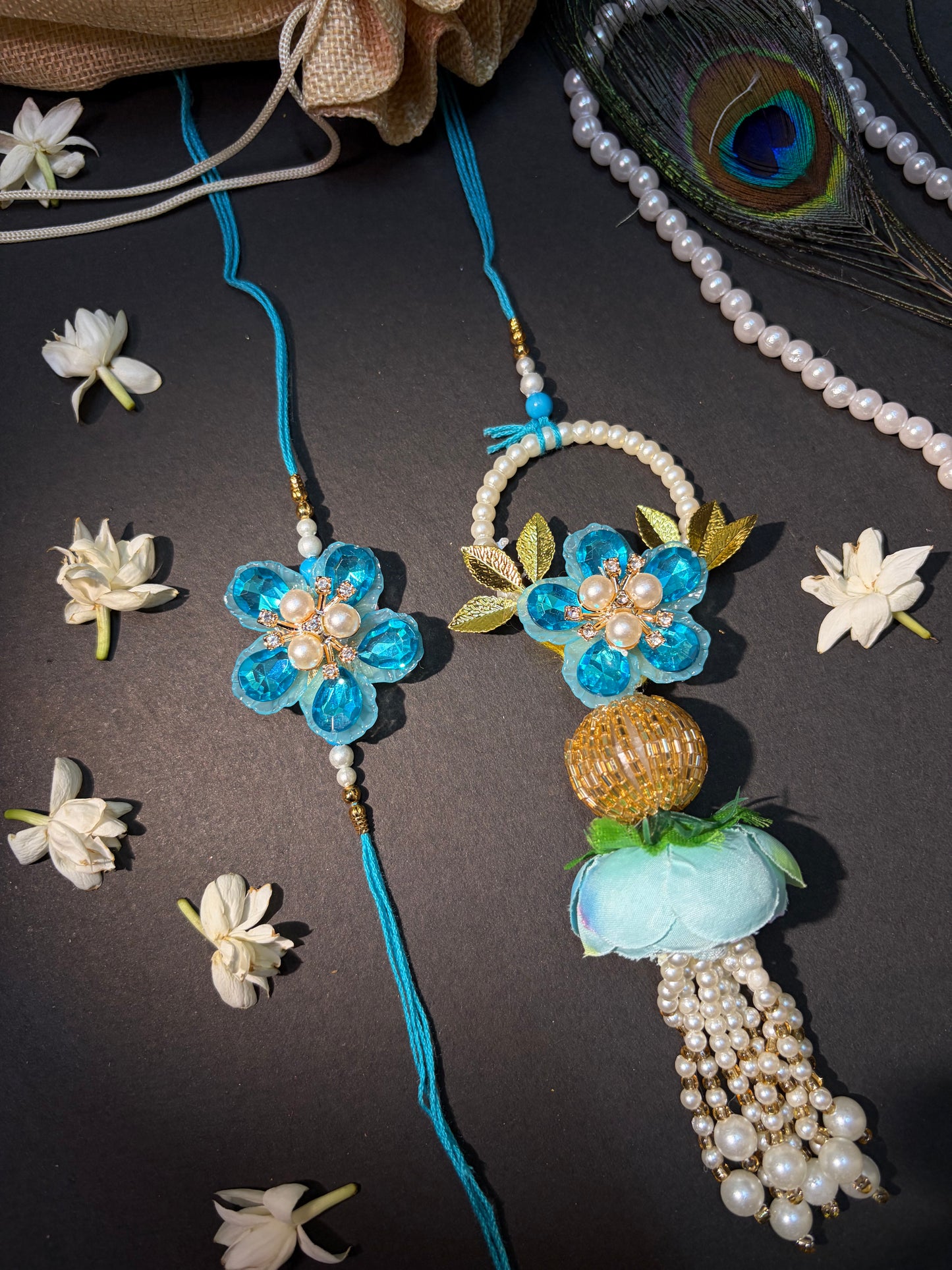 Blue Crystal Handcrafted Bhaiya Bhabhi Rakhi Set