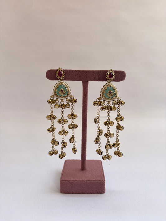 Heritage Long Kashmiri Kundan Green Stone Earrings