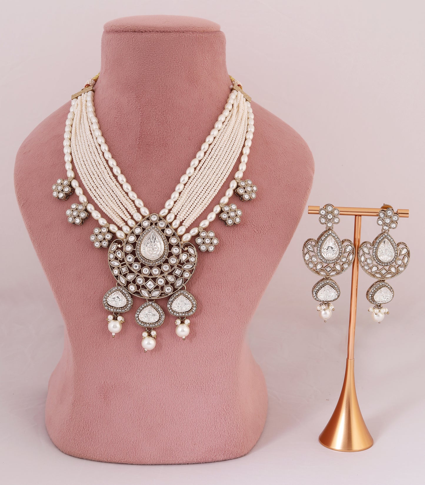 Layered Pearl Mid Length Kundan Necklace