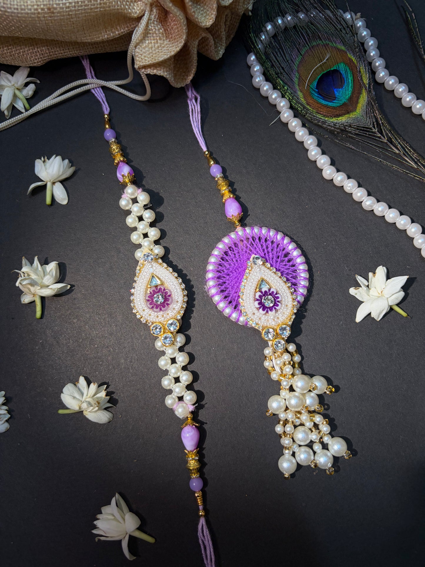 Lavender Pearl Handmade Bhaiya Bhabhi Rakhi Set