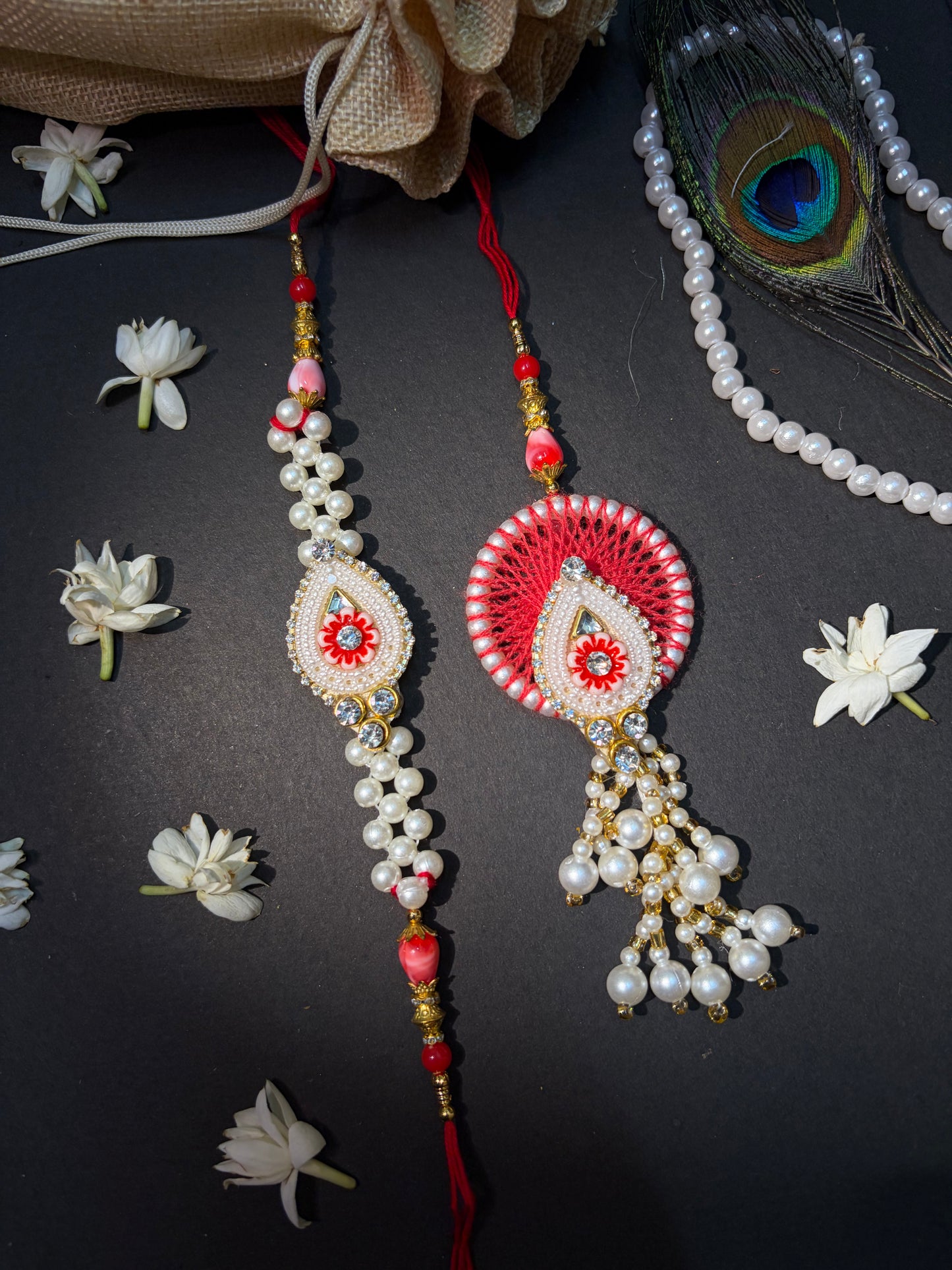 Red Pearl Handmade Bhaiya Bhabhi Rakhi Set