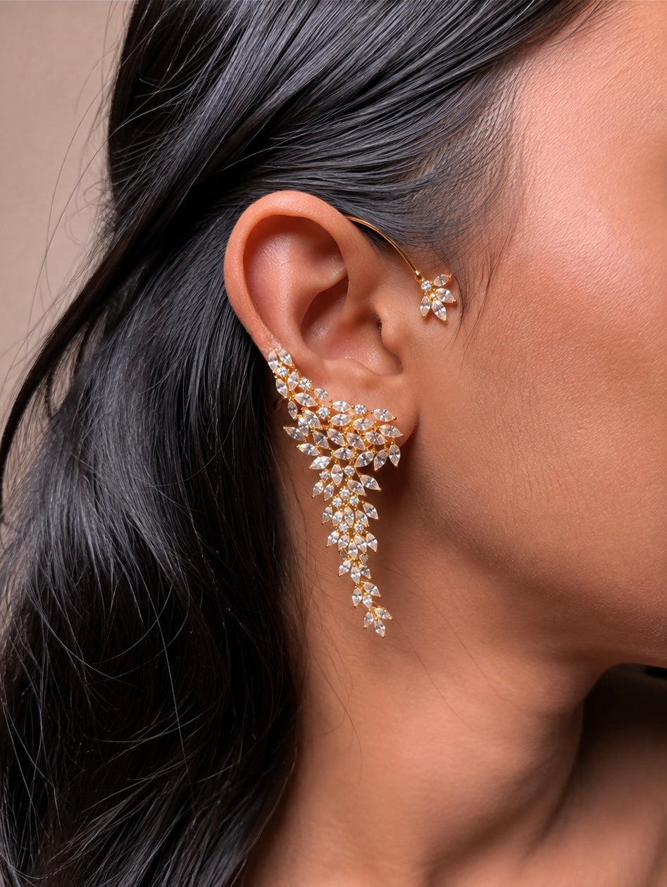 Diamond Earcuff Long Drop Earrings (Golden)