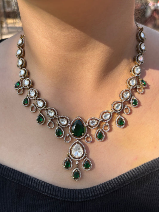 Classic Moissanite Kundan Emerald Necklace