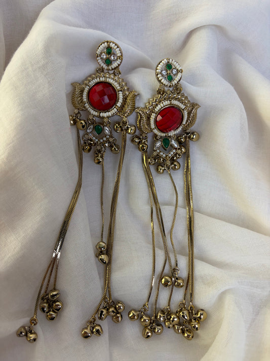 Red Green Kundan Long Earrings