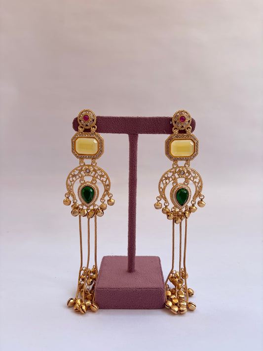 Long Kashmiri Pastel Yellow Kundan Earrings