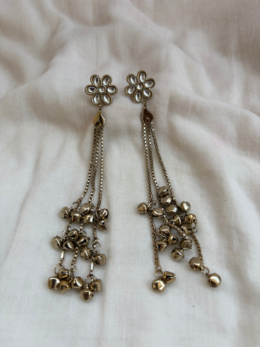 Minimal Long Kashmiri Diamond Work Flower Earrings