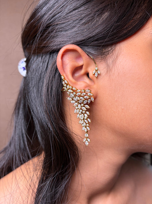 Diamond Earcuff Long Drop Earrings (Victorian polish)