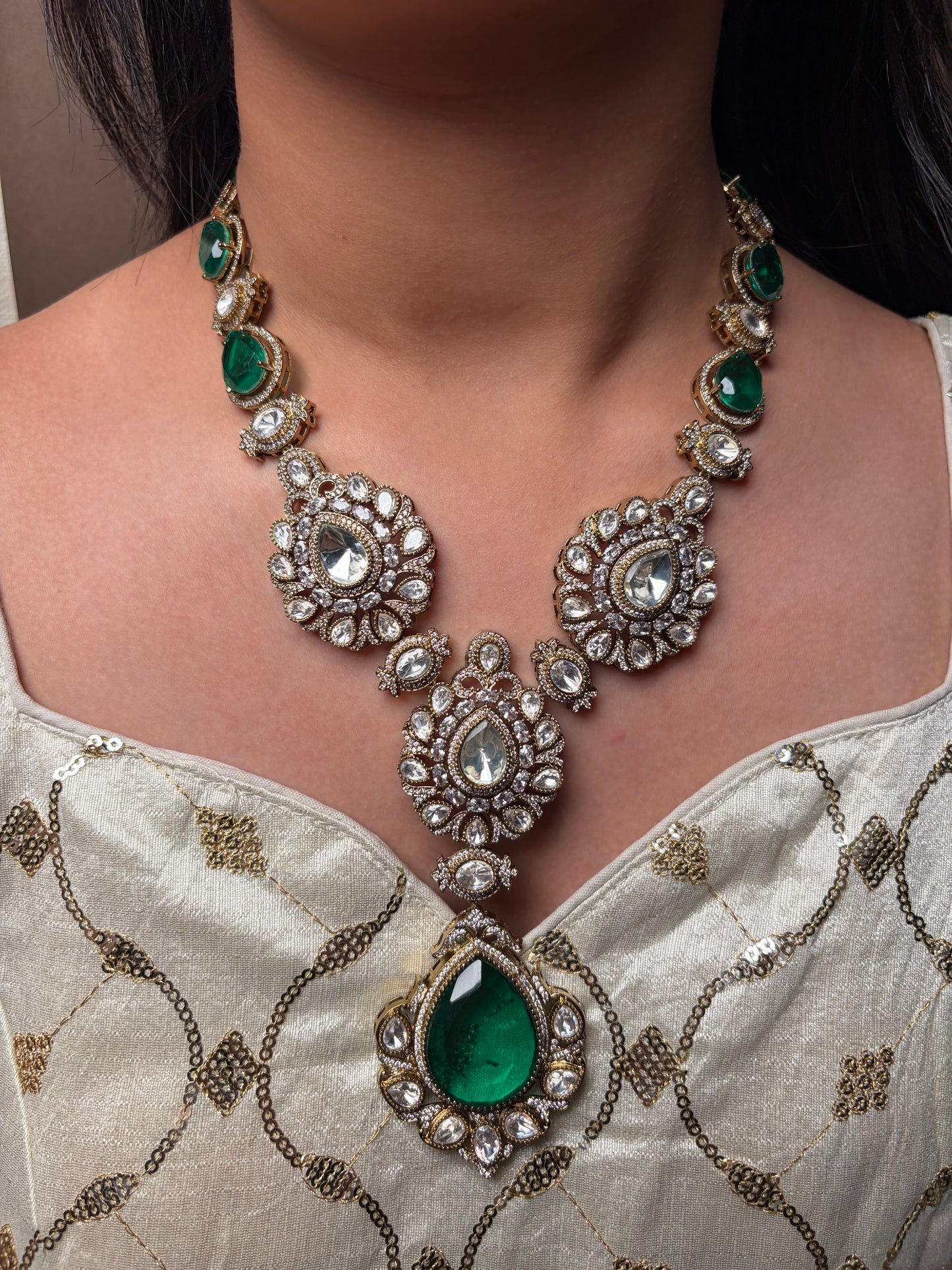 Emerald Drop Moissanite Pendant Necklace Set