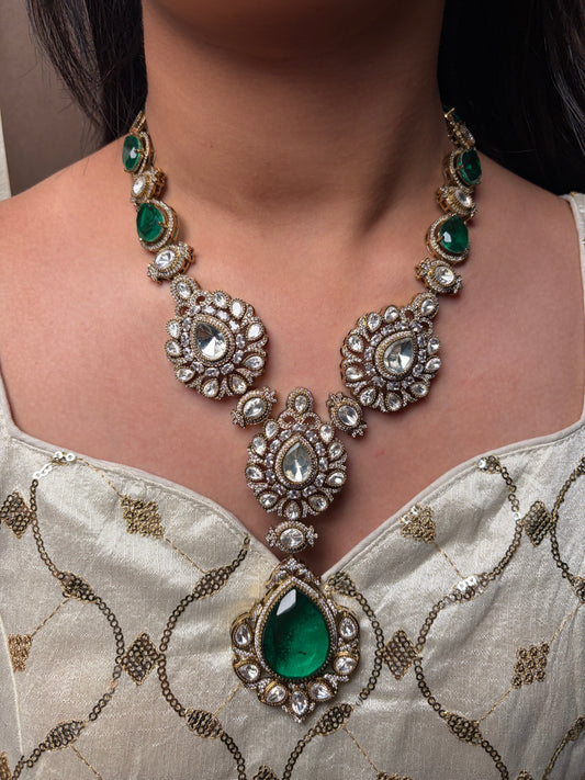 Emerald Drop Moissanite Pendant Necklace Set