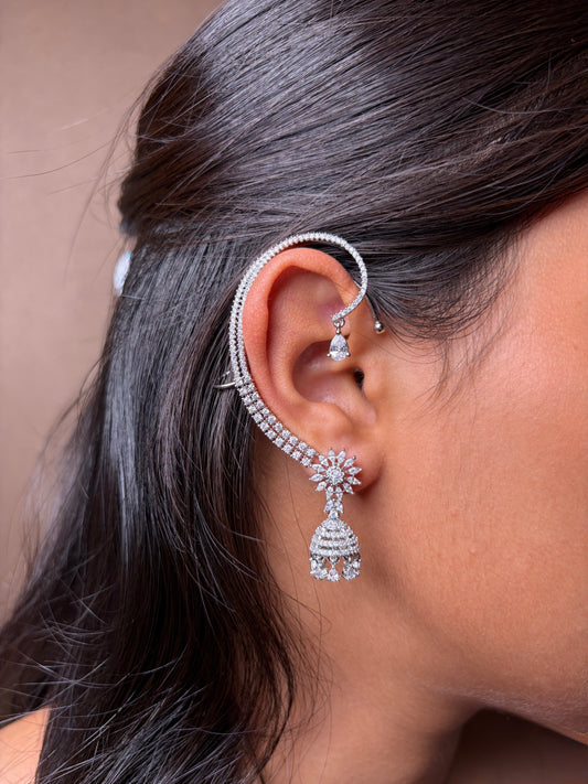 Minimal Diamond Jhumka Earcuff Earrings (Silver)