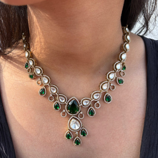 Classic Moissanite Kundan Emerald Necklace