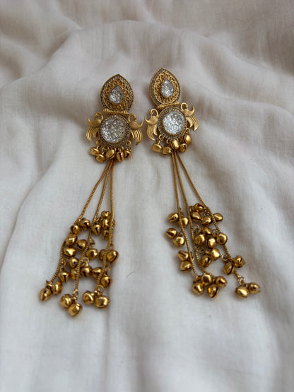 Long Kashmiri Kundan Engraved Earrings