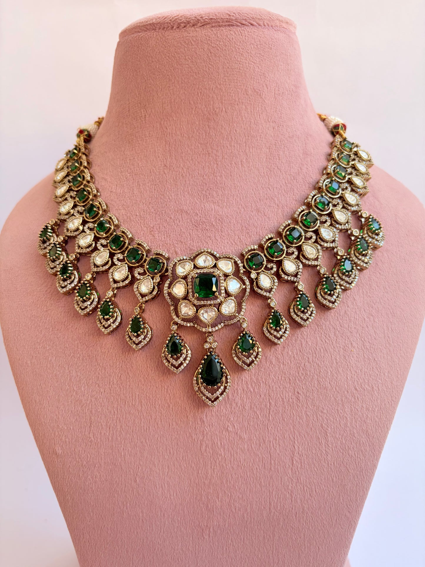 Green Moissanite Floral Semi Bridal Necklace