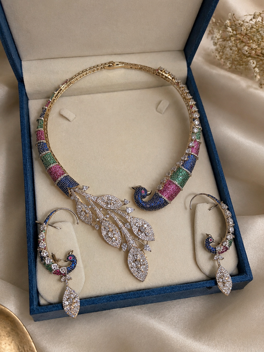 Multicolor Polki Peacock Leaf Diamond Necklace Set With Earcups