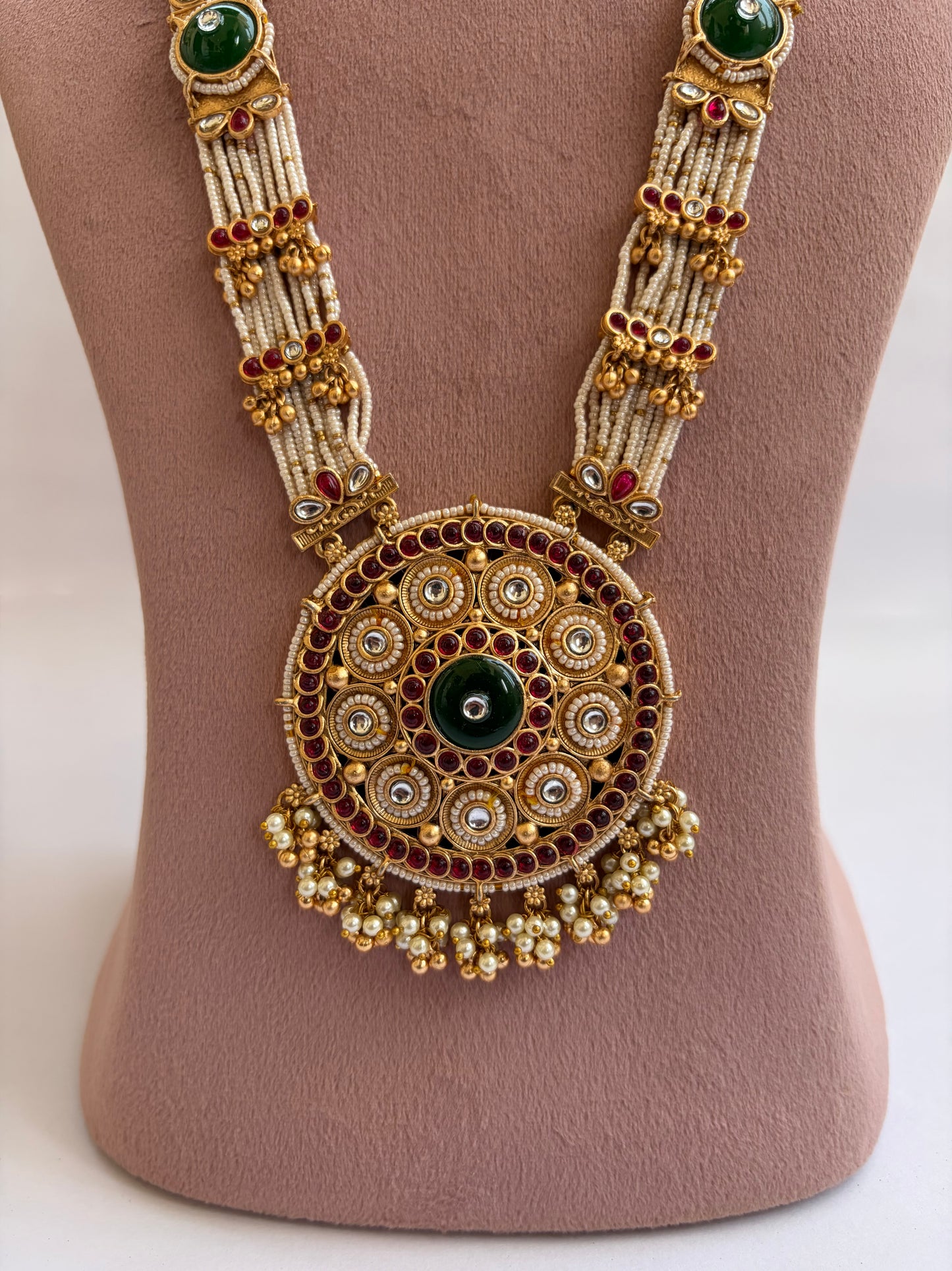 Pearl Work Long Necklace Circular Dial