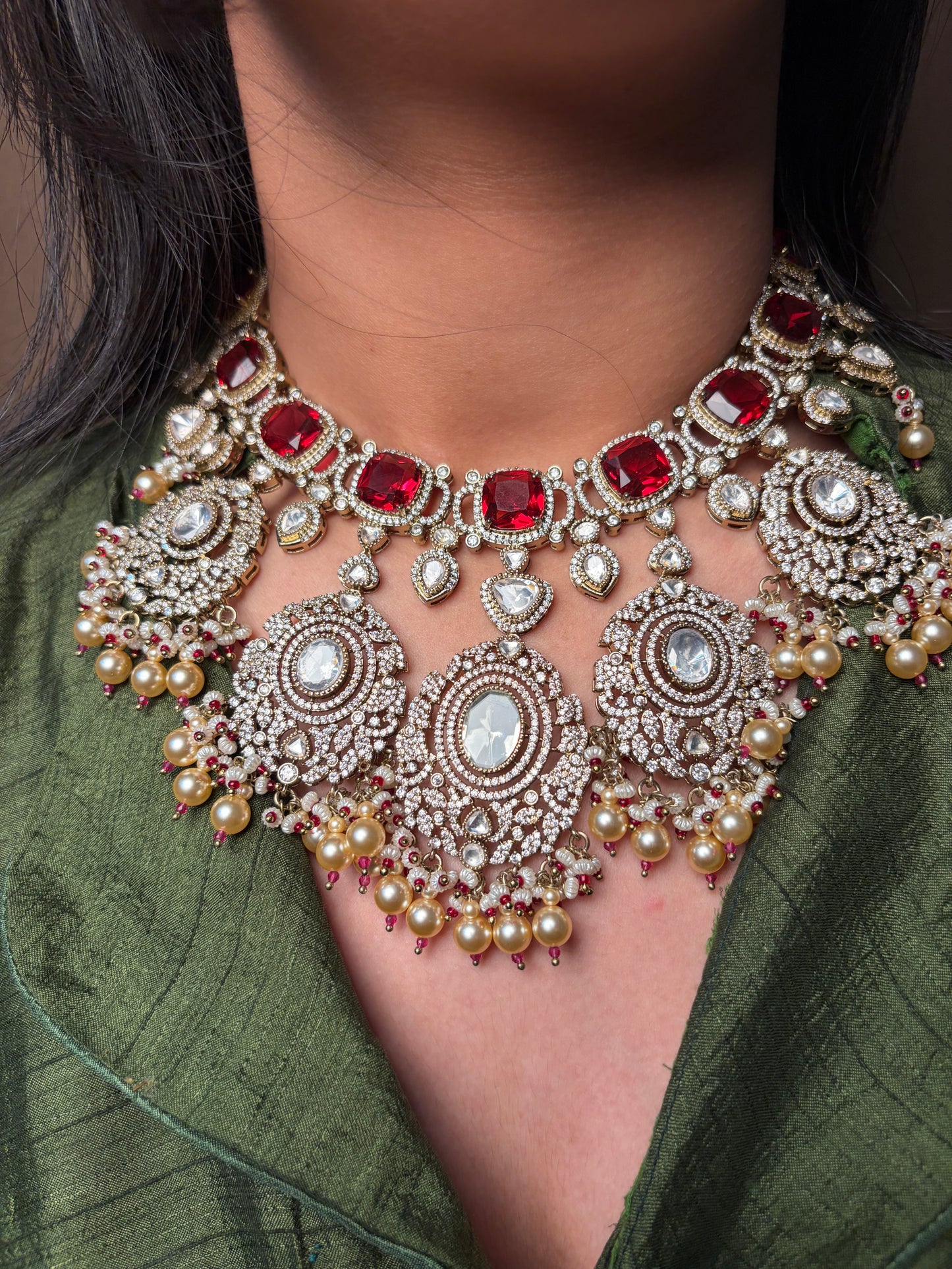 Premium Finish Ruby Moissanite Kundan Bridal Necklace