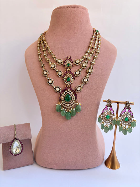 Pink Green Moissanite Long Bridal Necklace