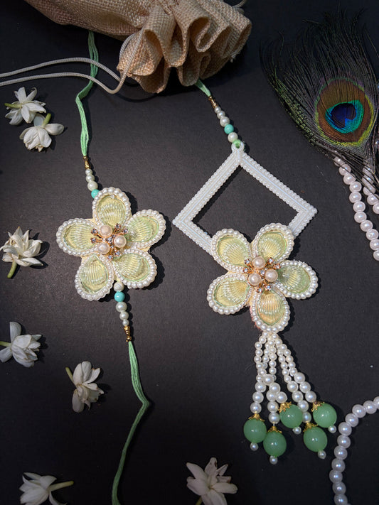 Mint Pearl Floral Bhaiya Bhabhi Rakhi Set