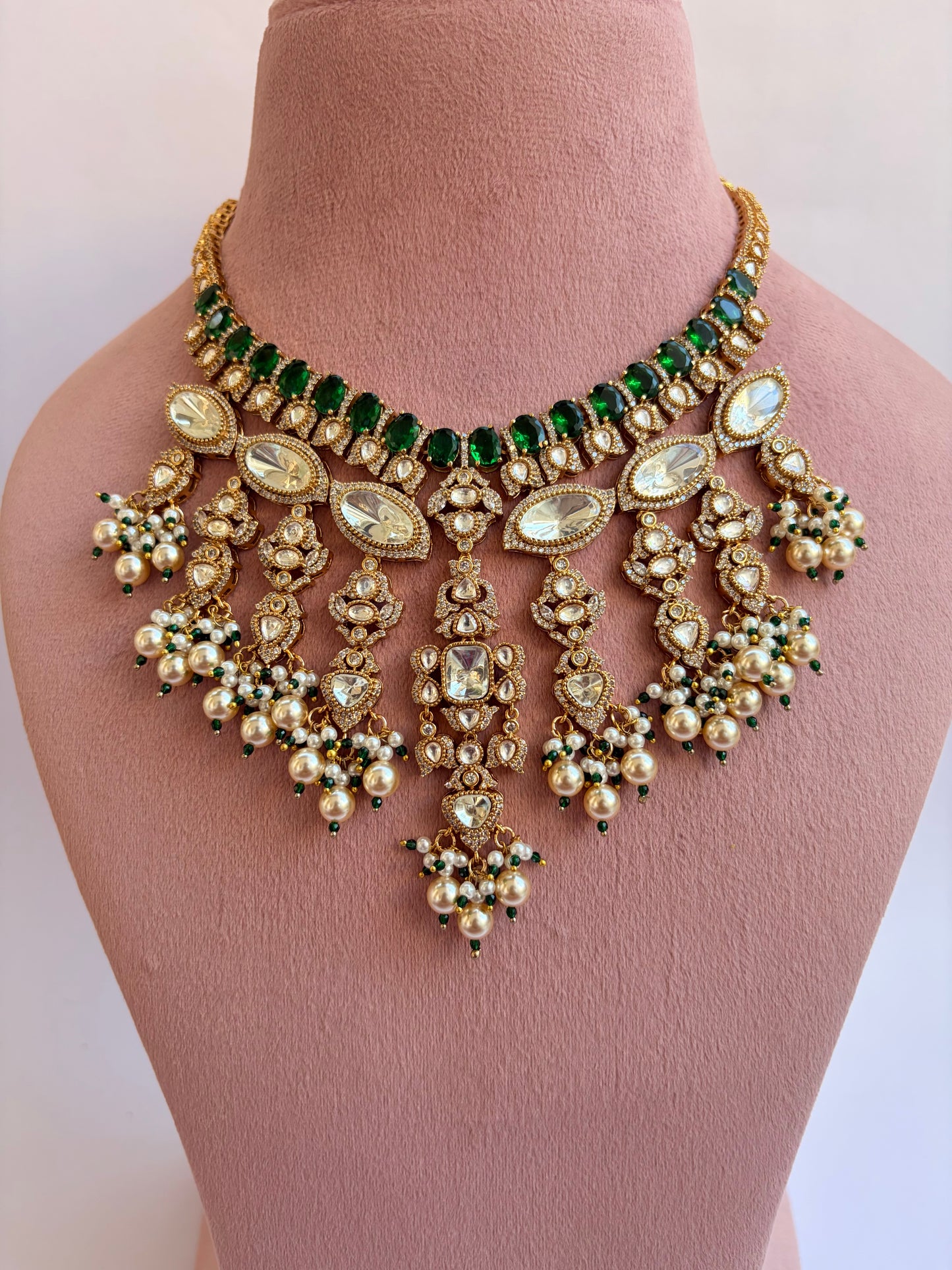 Green Moissanite Kundan Bridal Necklace Set