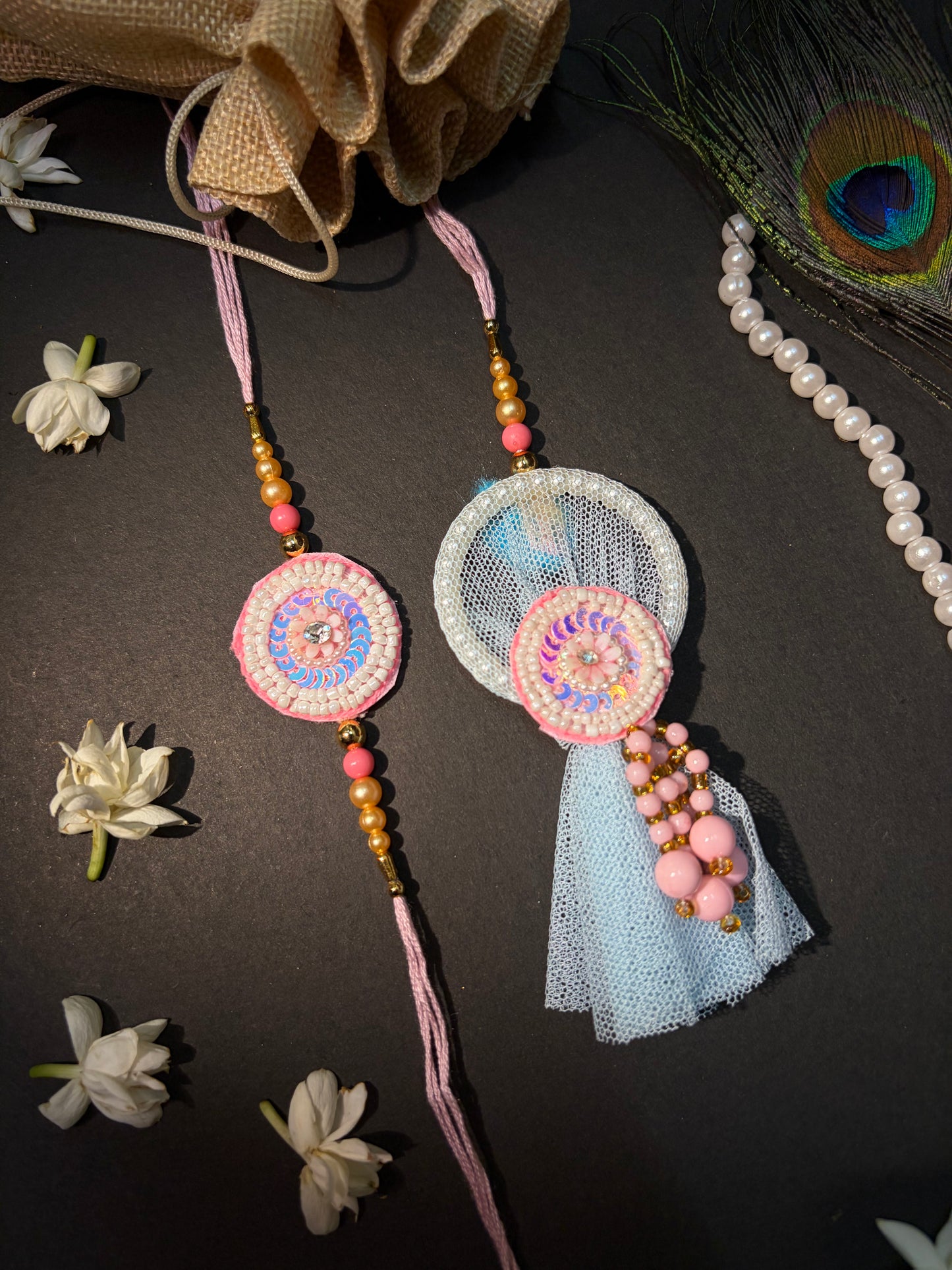 Pastel Handcrafted Bhaiya Bhabhi Rakhi Set
