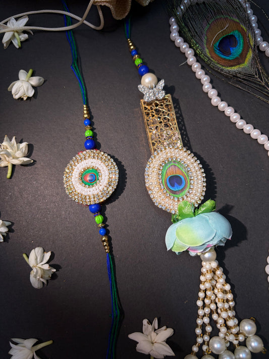 Peacock Pearl Premium Crystal Bhaiya Bhabhi Rakhi Set