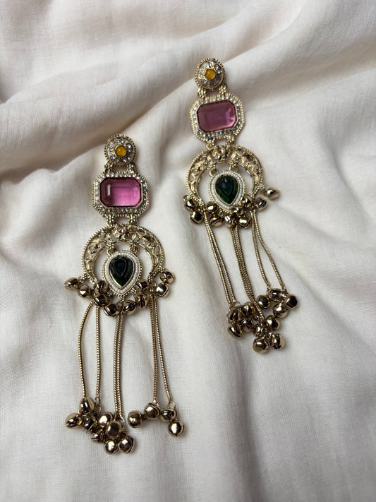 Pink Green Stone Long Kashmiri Earrings
