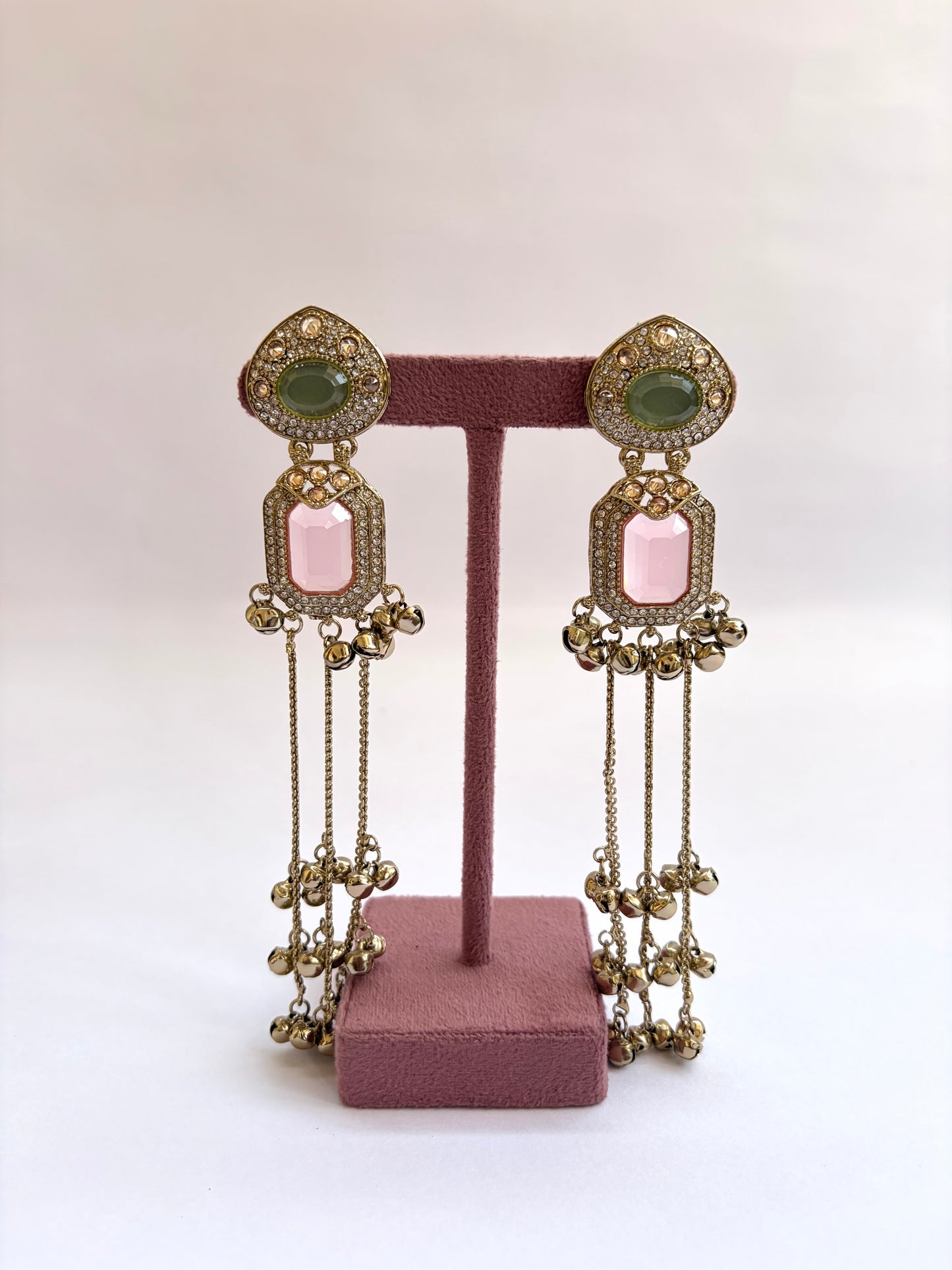 Pink Green Kashmiri Long Earrings