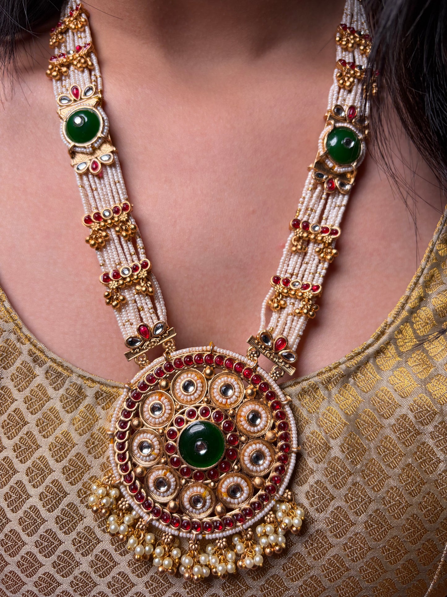 Pearl Work Long Necklace Circular Dial
